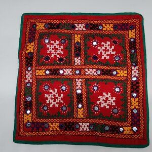 Indian Cotton Embroidered Throw Pillow Cover Mirror Work & Snap Closures Boho